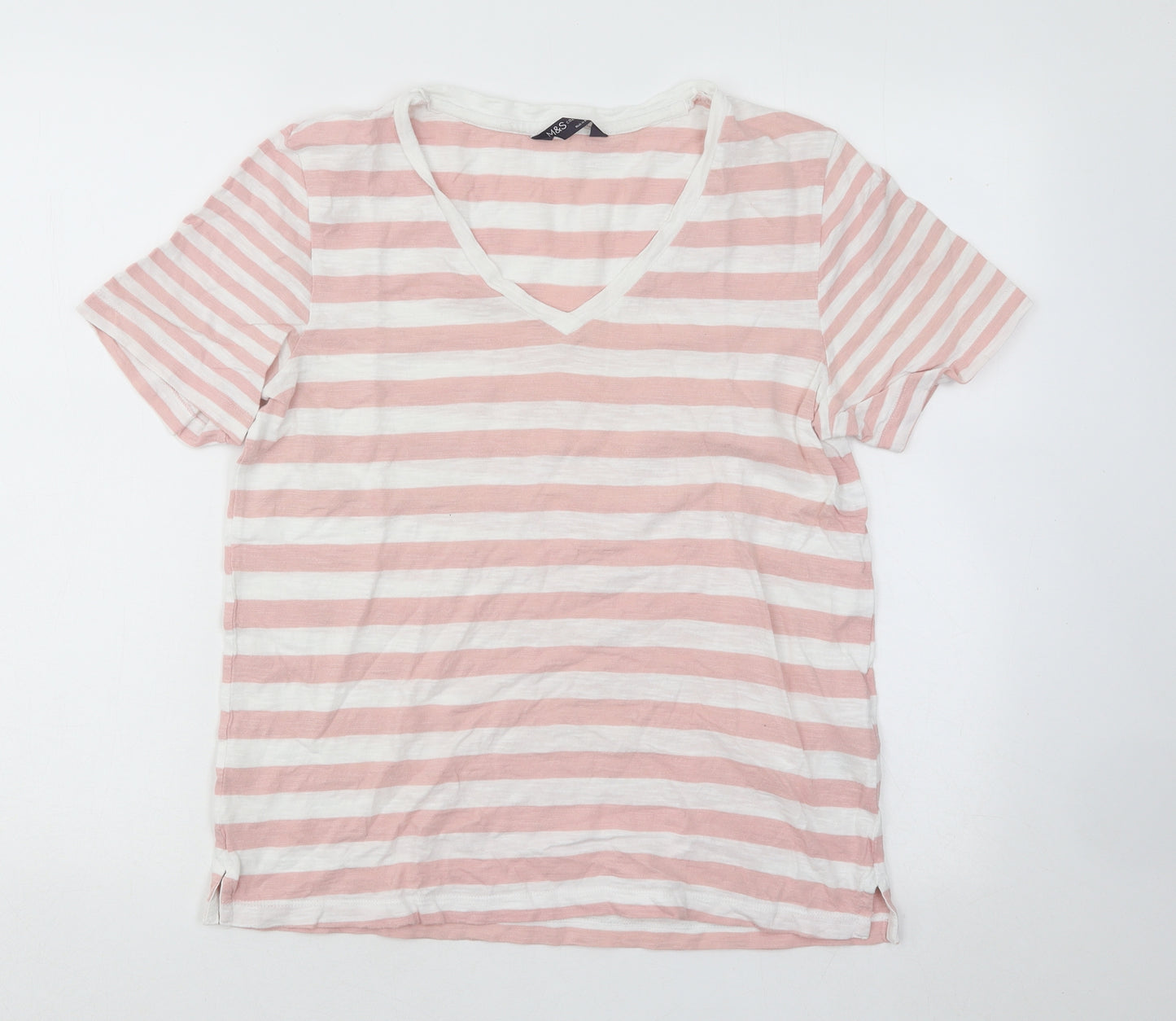 Marks and Spencer Womens Pink Striped Cotton Basic T-Shirt Size 10 V-Neck