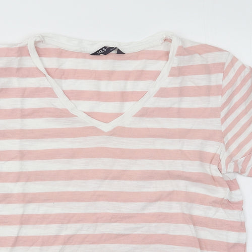 Marks and Spencer Womens Pink Striped Cotton Basic T-Shirt Size 10 V-Neck