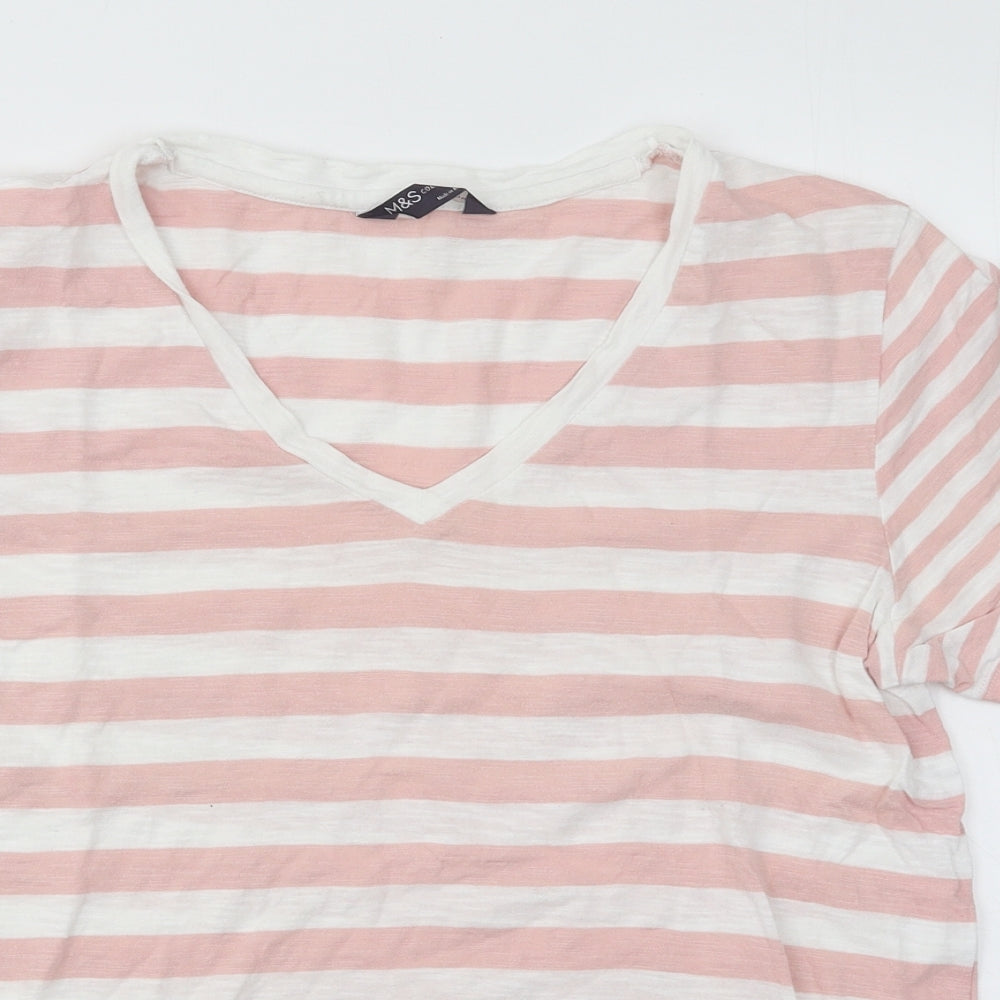 Marks and Spencer Womens Pink Striped Cotton Basic T-Shirt Size 10 V-Neck