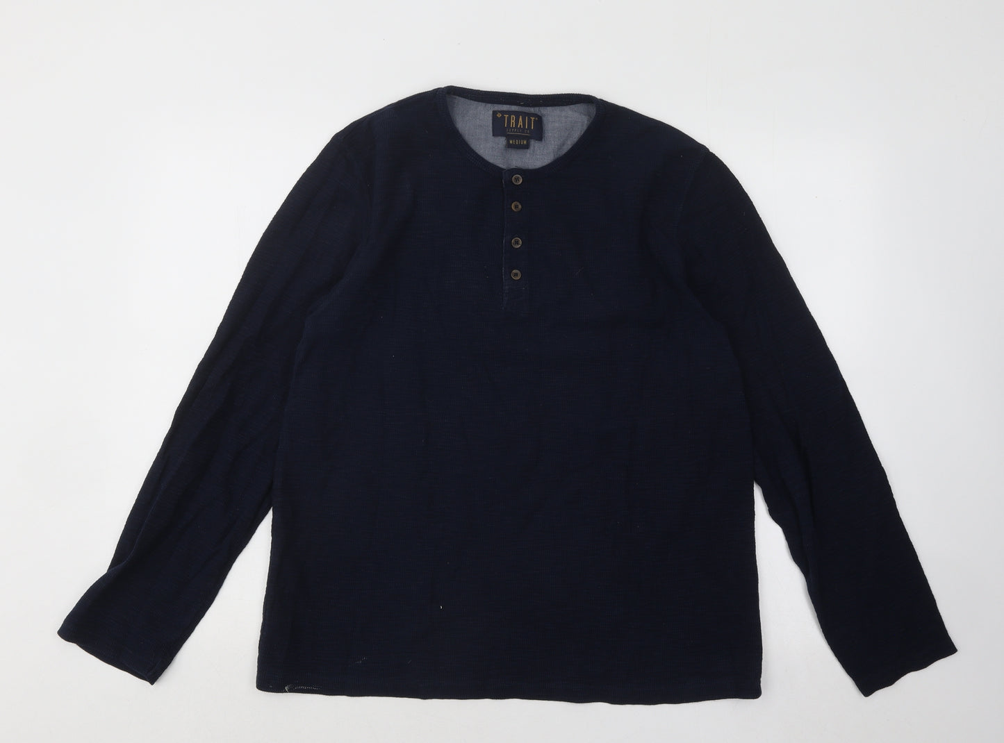 BHS Mens Blue Round Neck Cotton Henley Jumper Size M