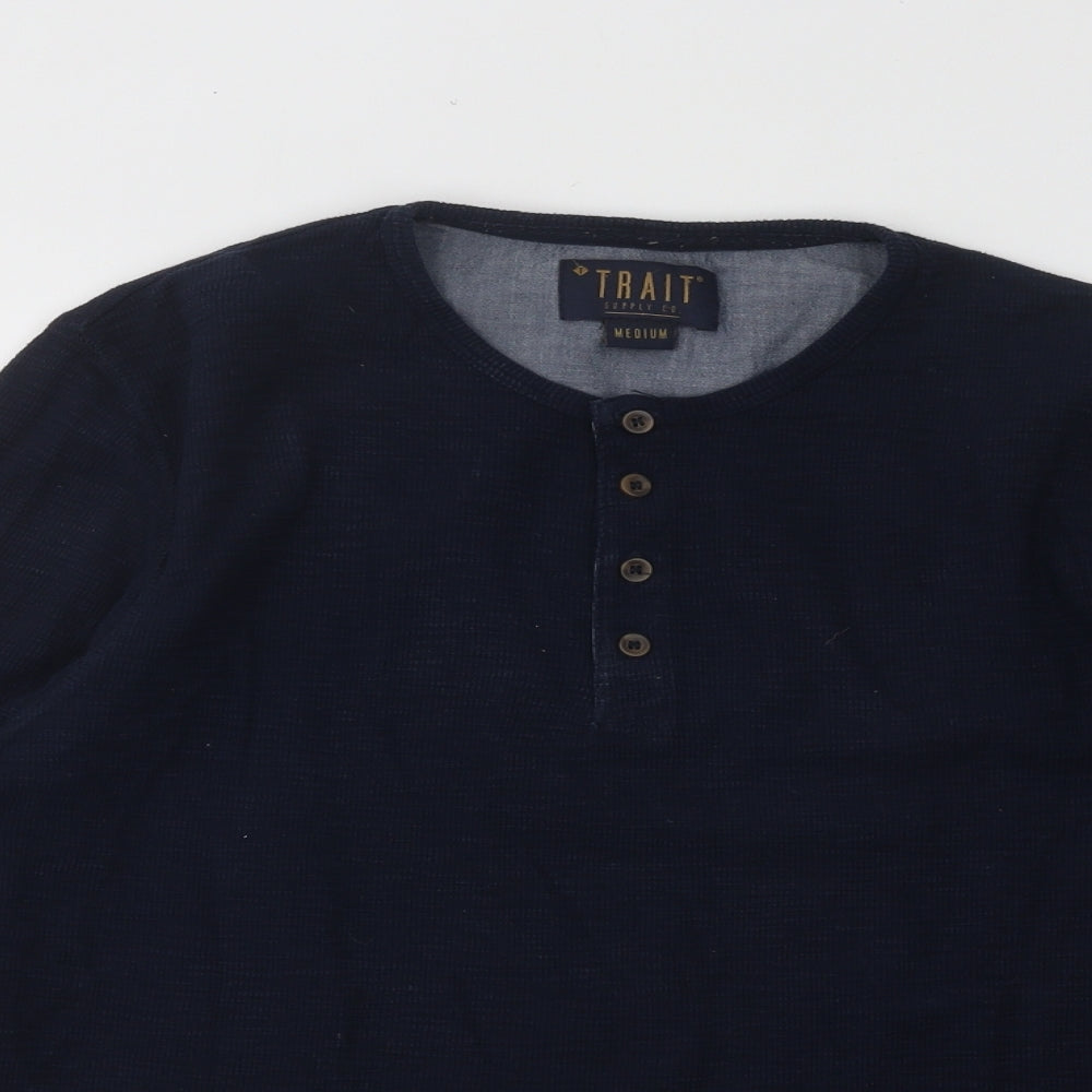 BHS Mens Blue Round Neck Cotton Henley Jumper Size M