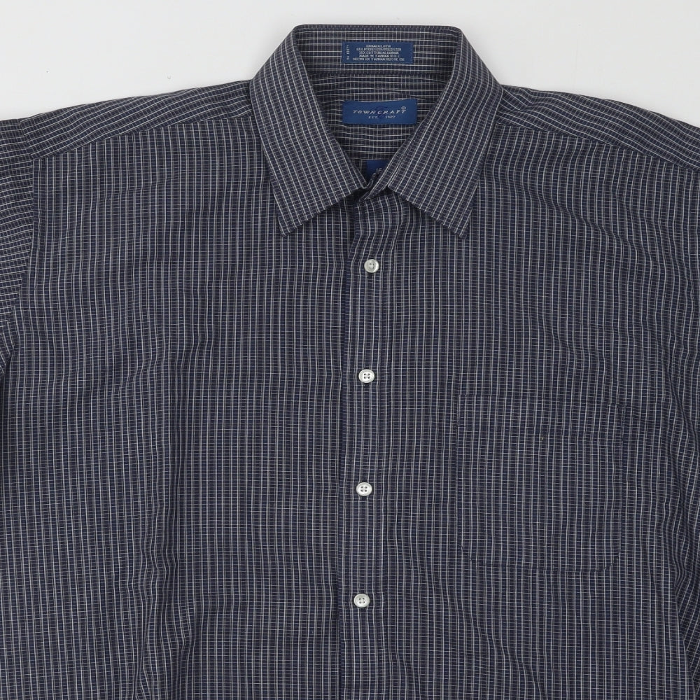 TownCraft Mens Blue Geometric Cotton Button-Up Size 16 Collared Button