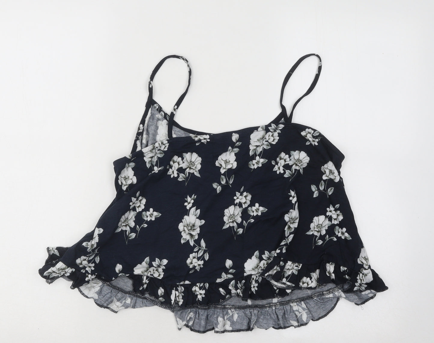 New Look Womens Blue Floral Cotton Basic Tank Size 16 Round Neck