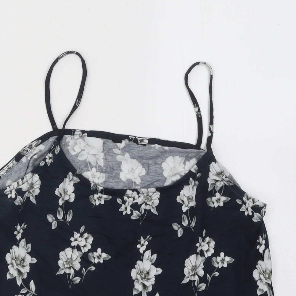 New Look Womens Blue Floral Cotton Basic Tank Size 16 Round Neck