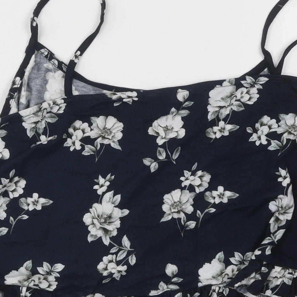 New Look Womens Blue Floral Cotton Basic Tank Size 16 Round Neck