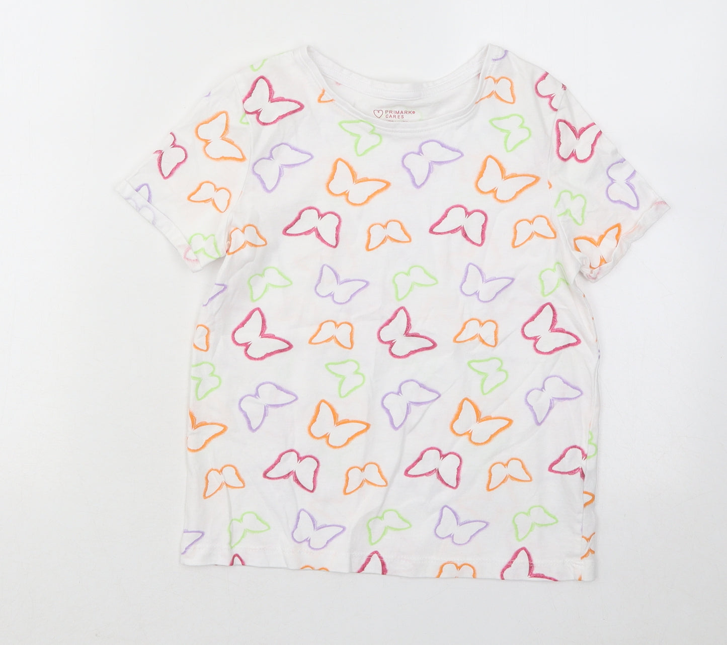Primark Girls Multicoloured Geometric Cotton Basic T-Shirt Size 8-9 Years Round Neck Pullover - Butterflies