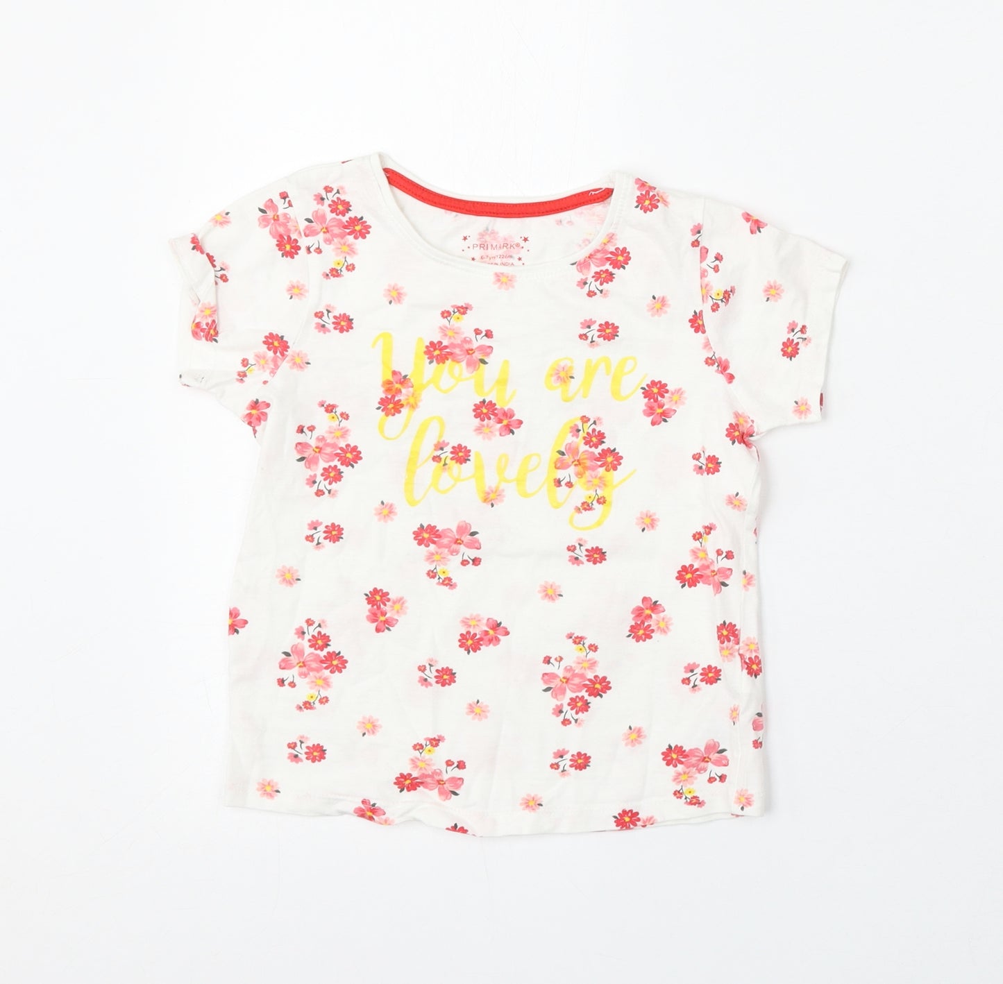 Primark Girls White Geometric Cotton Basic T-Shirt Size 6-7 Years Round Neck - You are Lovely
