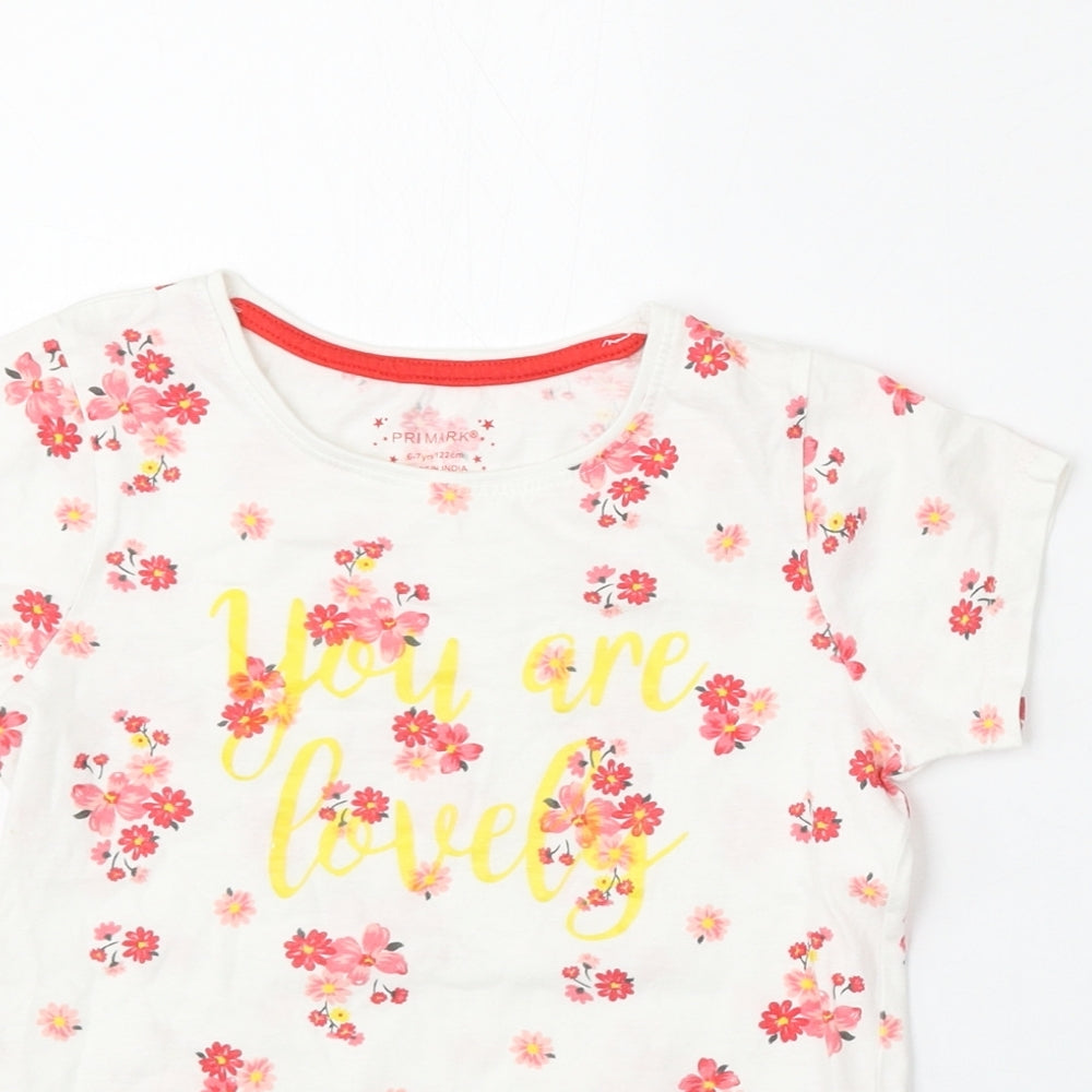Primark Girls White Geometric Cotton Basic T-Shirt Size 6-7 Years Round Neck - You are Lovely
