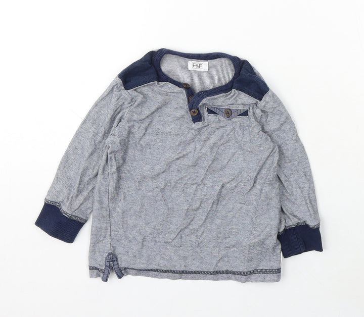 F&F Boys Blue Striped Cotton Basic T-Shirt Size 12-18 Months V-Neck Button