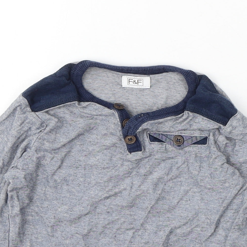 F&F Boys Blue Striped Cotton Basic T-Shirt Size 12-18 Months V-Neck Button