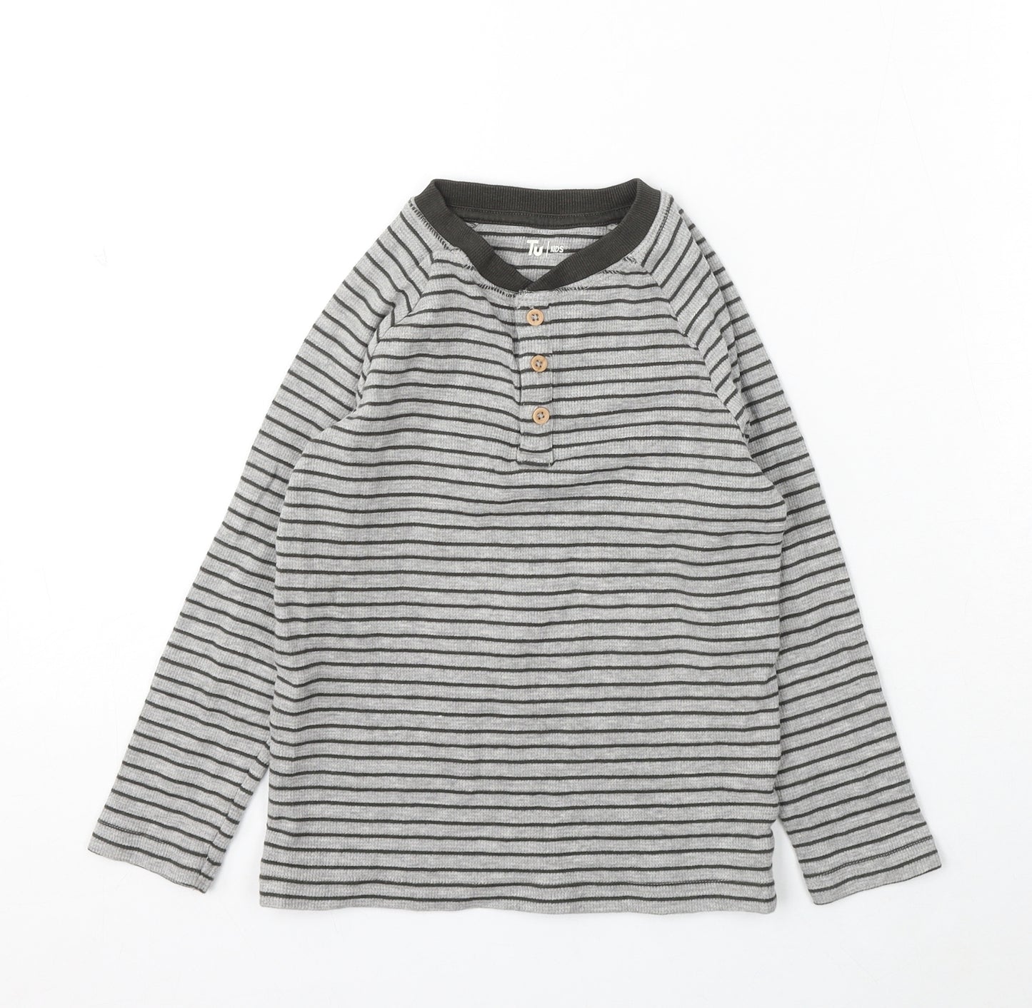 TU Boys Grey Round Neck Striped Cotton Pullover Jumper Size 4-5 Years Button