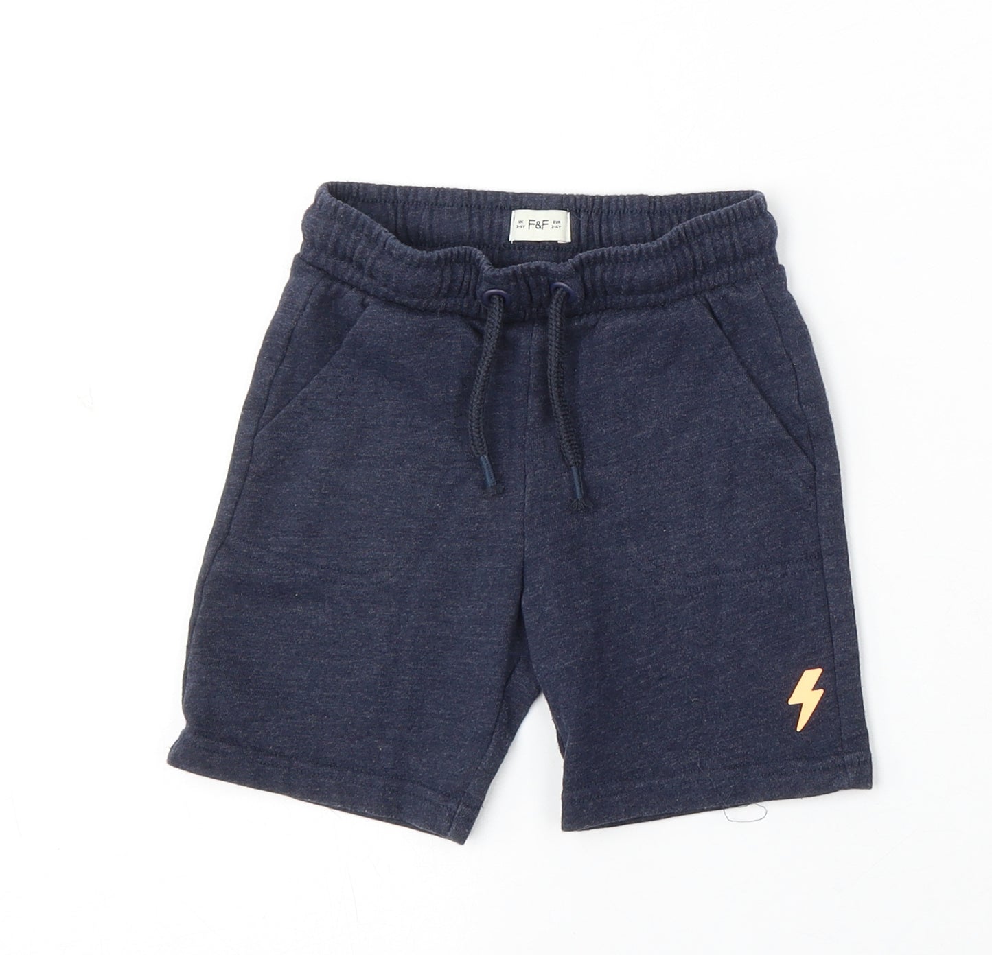 F&F Boys Blue Cotton Sweat Shorts Size 3-4 Years Regular Drawstring - Lightning Bolt