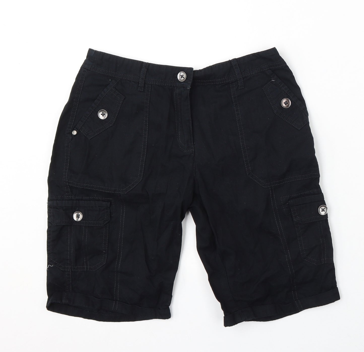 F&F Womens Black Cotton Cargo Shorts Size 10 L9 in Regular Button