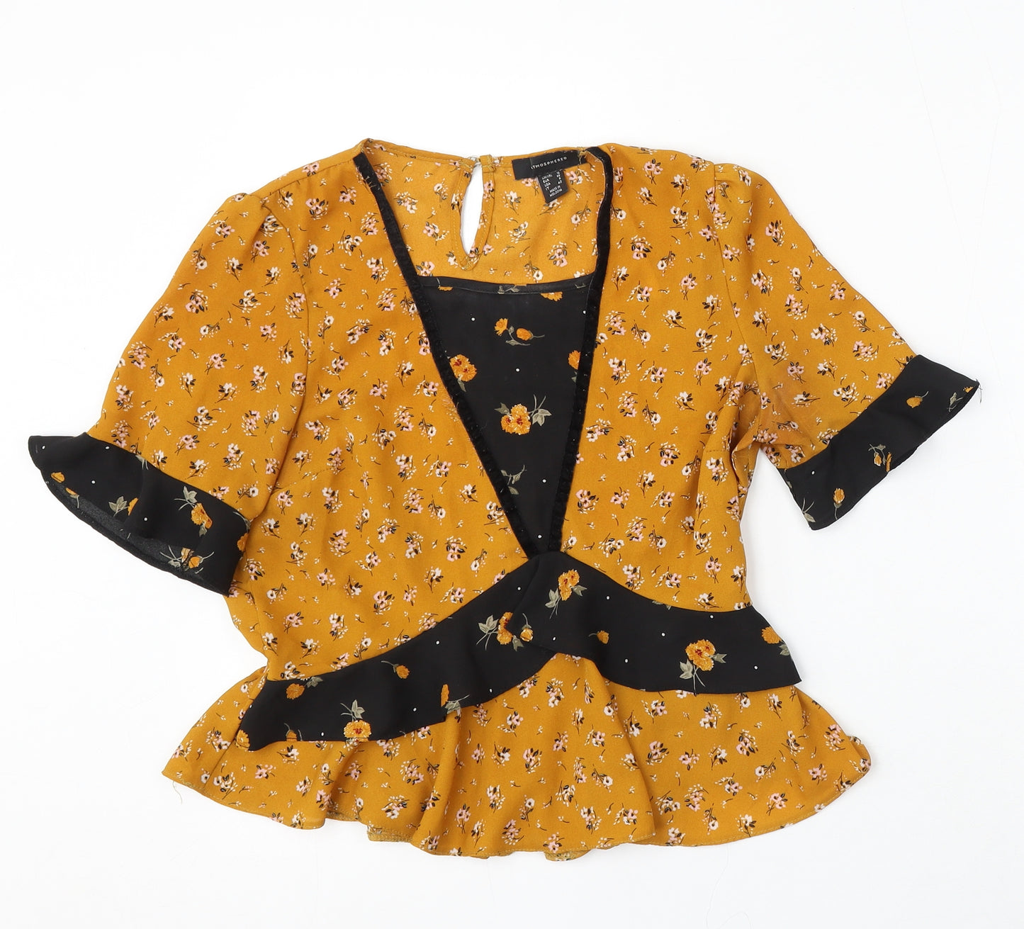 Primark Womens Yellow Floral Polyester Basic Blouse Size 10 Round Neck