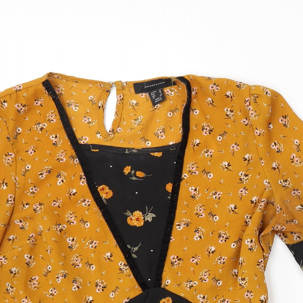Primark Womens Yellow Floral Polyester Basic Blouse Size 10 Round Neck