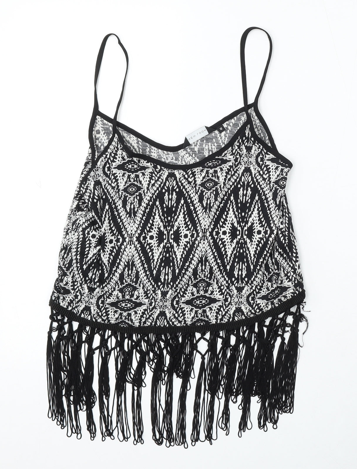 New Look Womens Black Geometric Cotton Basic Tank Size 12 Round Neck