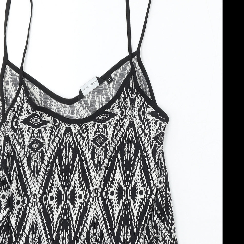 New Look Womens Black Geometric Cotton Basic Tank Size 12 Round Neck