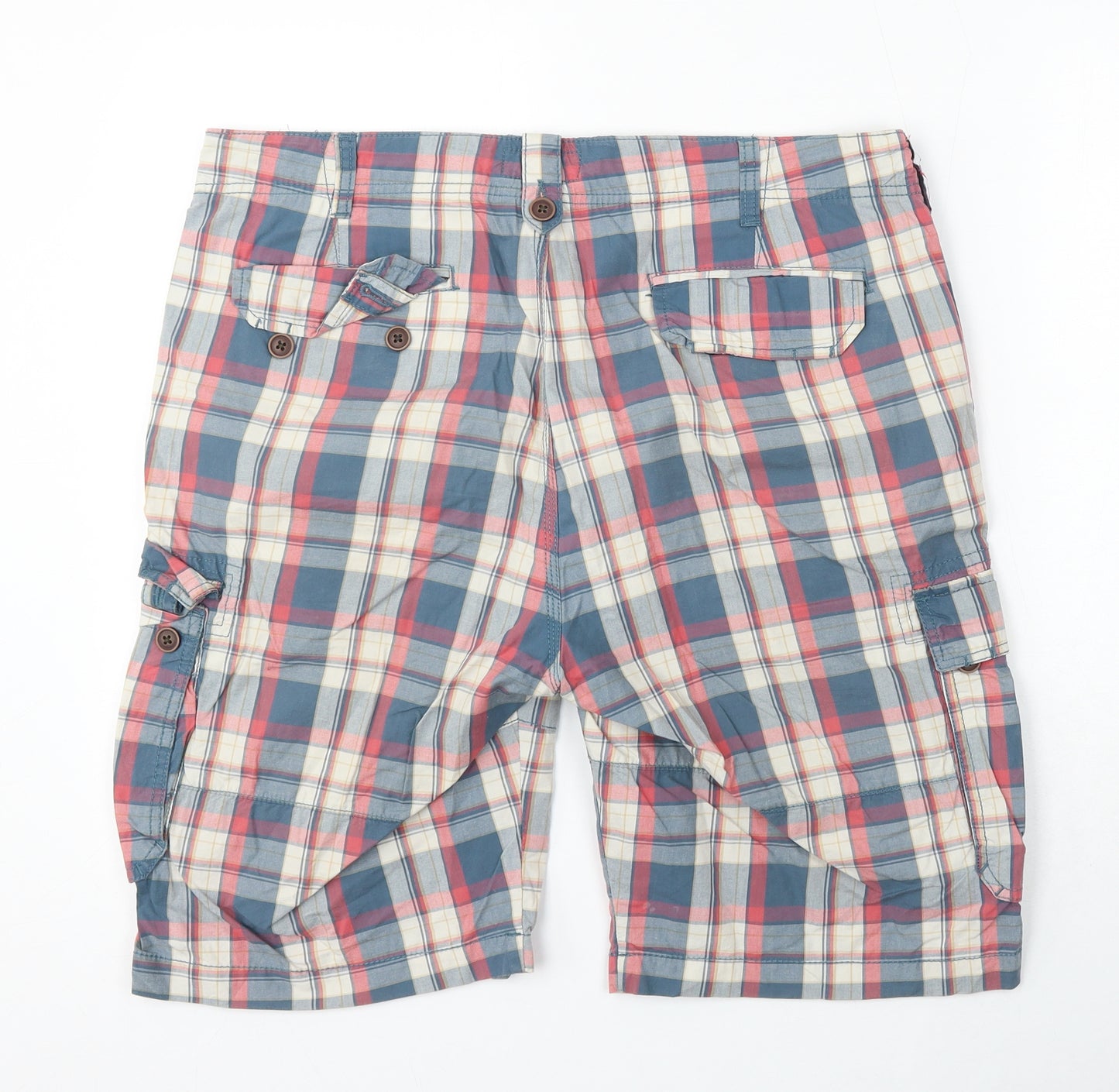 TU Mens Blue Check Cotton Cargo Shorts Size 36 in L10 in Regular Button