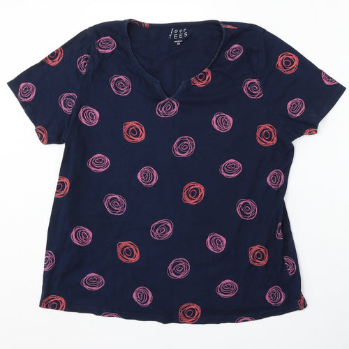 Love Tees Womens Blue Geometric Cotton Basic T-Shirt Size 22 V-Neck