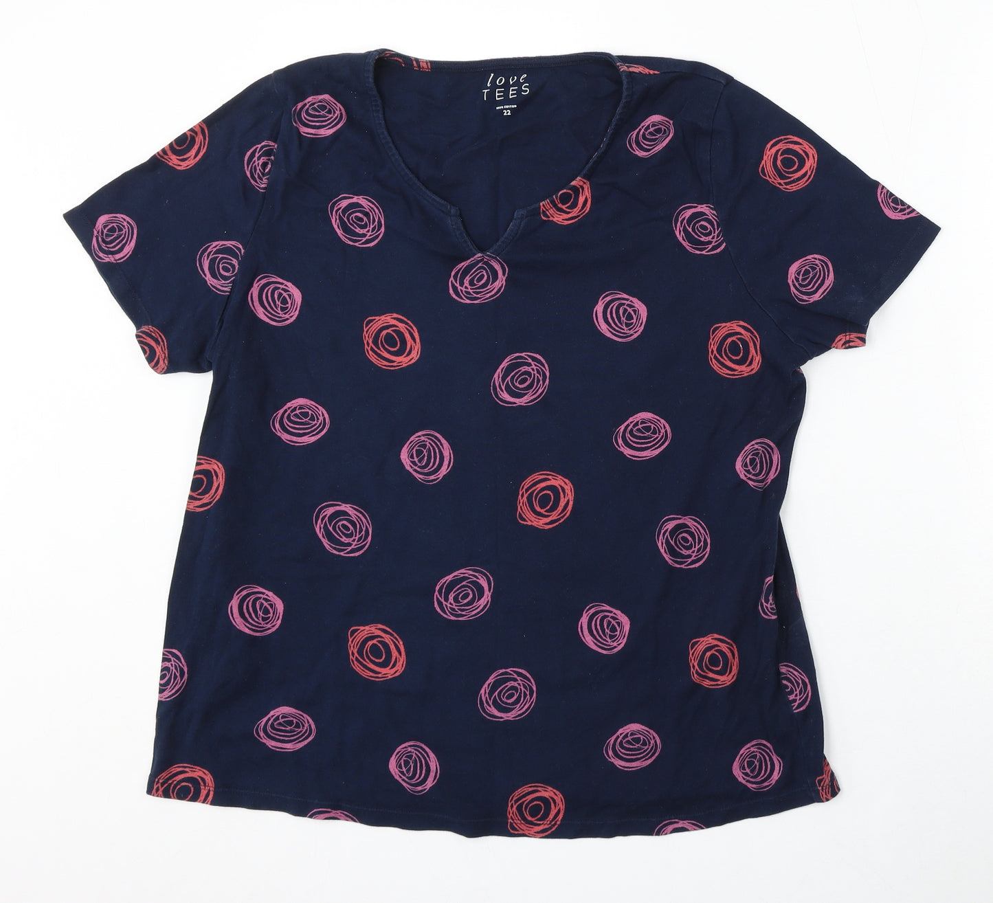 Love Tees Womens Blue Geometric Cotton Basic T-Shirt Size 22 V-Neck