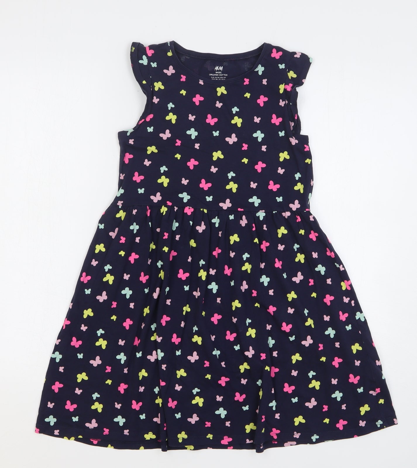 H&M Girls Blue Geometric Cotton A-Line Size 9-10 Years Round Neck Pullover - Butterflies