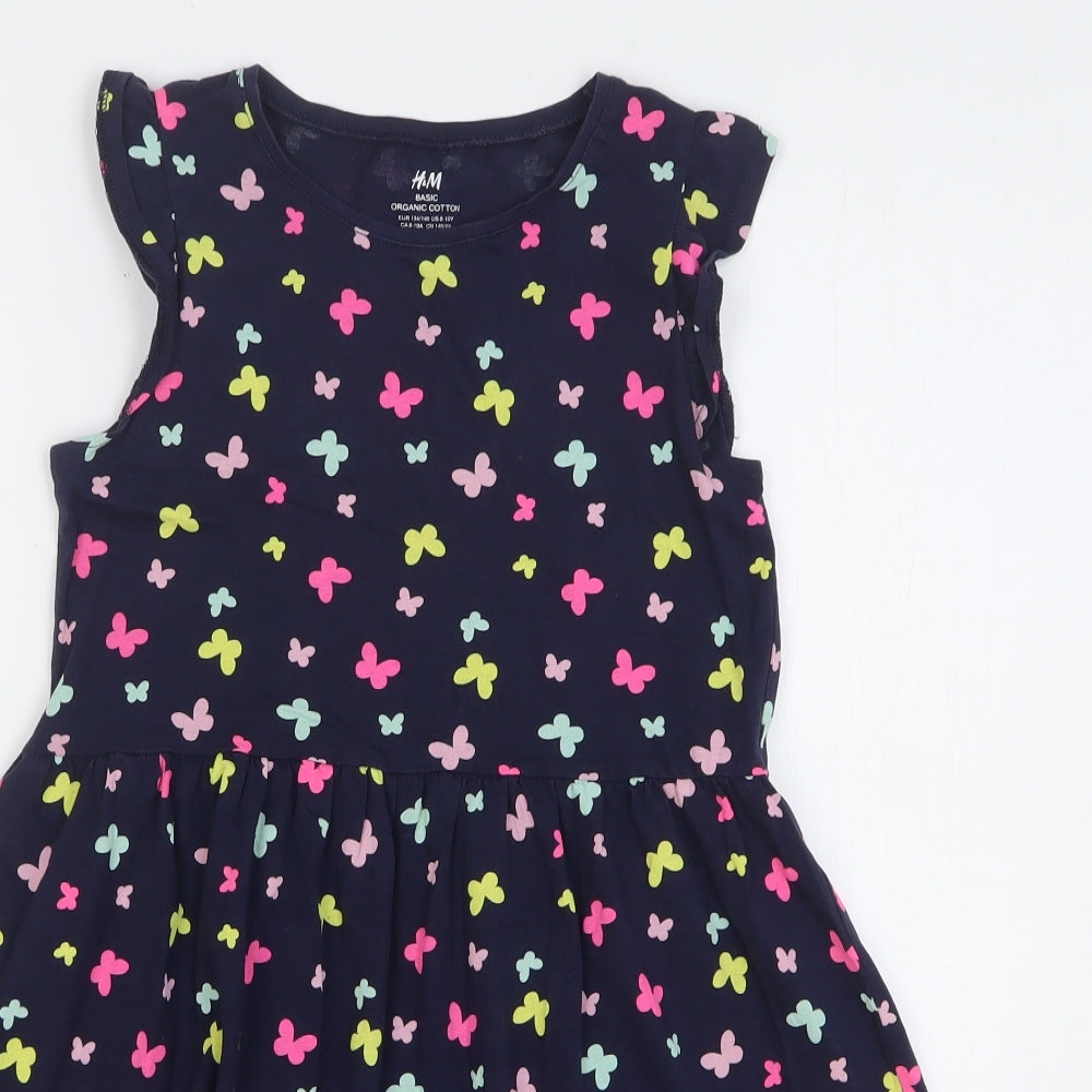 H&M Girls Blue Geometric Cotton A-Line Size 9-10 Years Round Neck Pullover - Butterflies