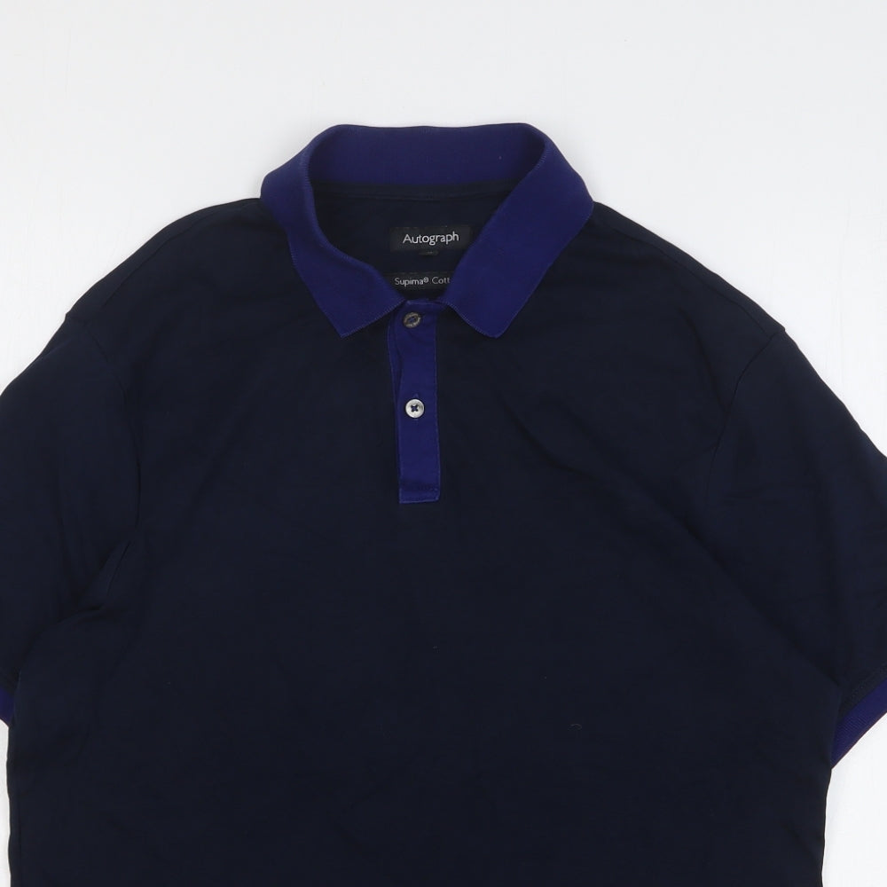 Autograph Mens Blue Cotton Polo Size M Collared Button