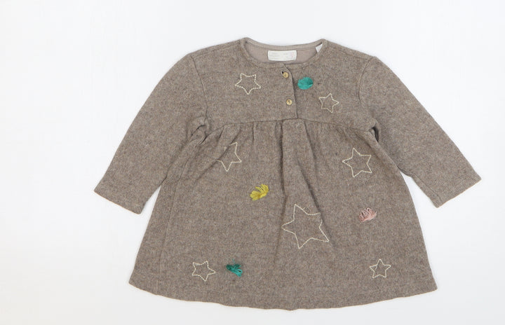 Zara Girls Beige Cotton Jumper Dress Size 24 Months Round Neck Button - Stars