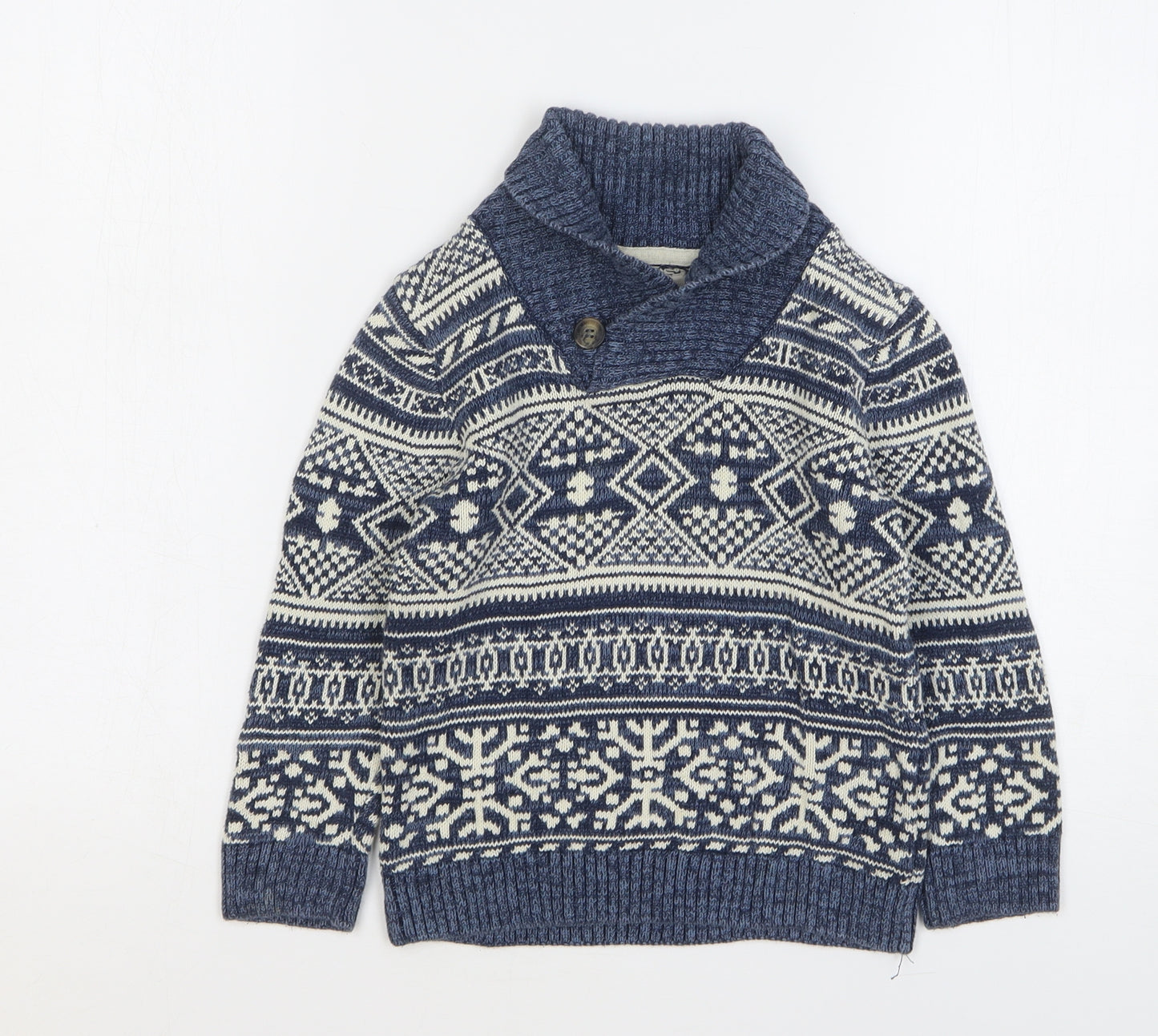 H&M Boys Blue Collared Fair Isle Cotton Pullover Jumper Size 5-6 Years Pullover