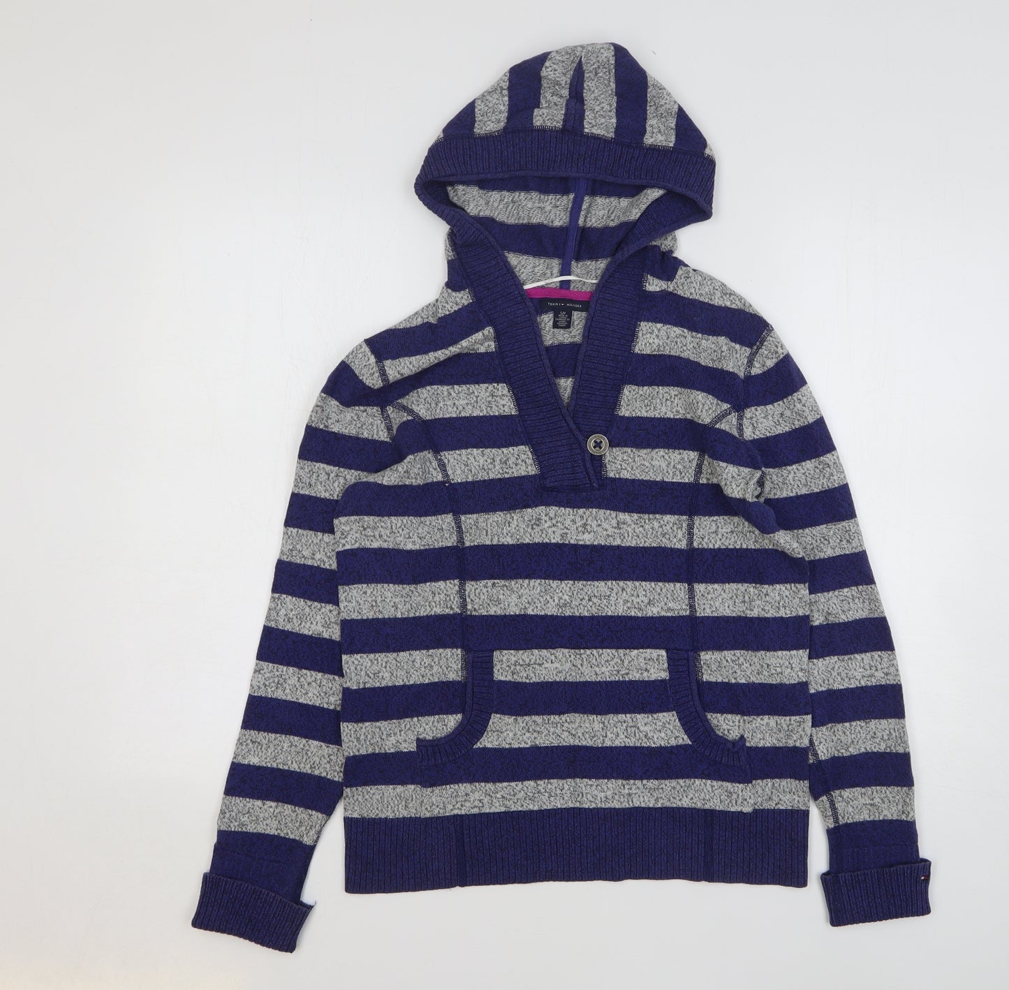 Tommy Hilfiger Womens Blue Striped Cotton Pullover Hoodie Size S Button