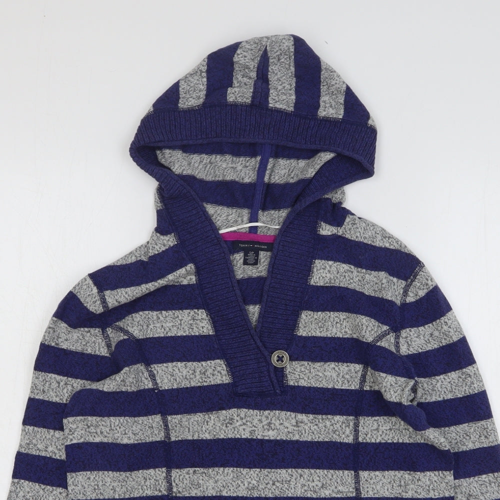 Tommy Hilfiger Womens Blue Striped Cotton Pullover Hoodie Size S Button