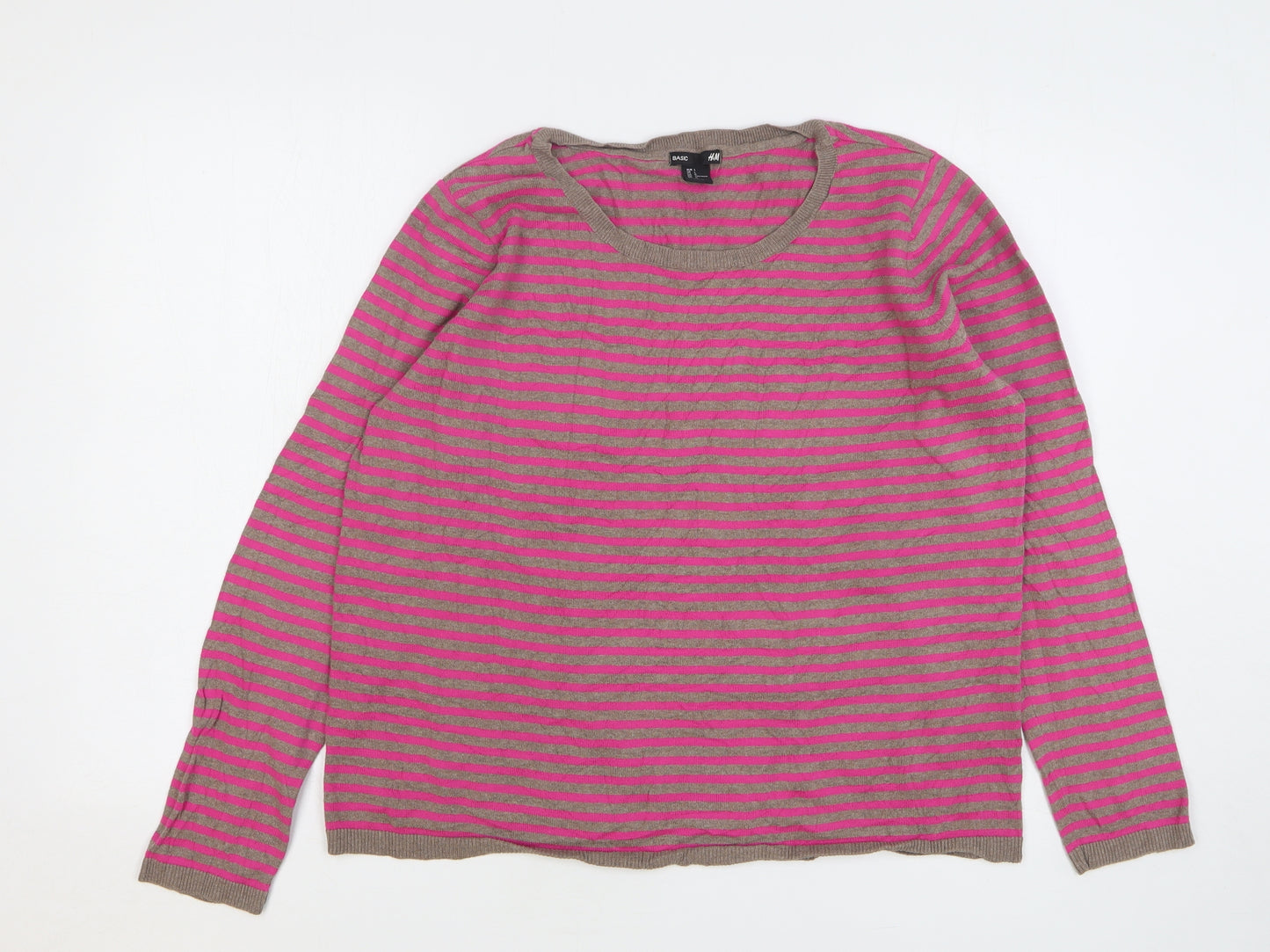 H&M Womens Pink Round Neck Striped Cotton Pullover Jumper Size L