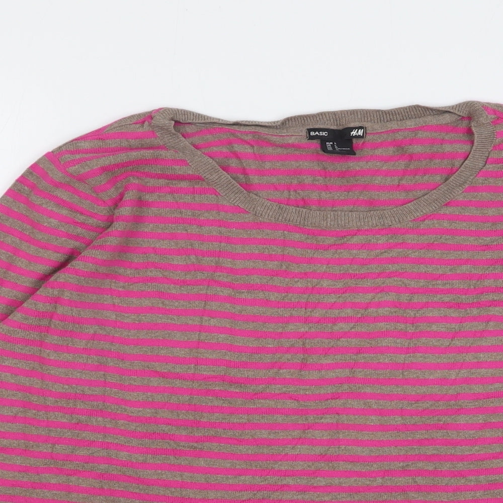 H&M Womens Pink Round Neck Striped Cotton Pullover Jumper Size L
