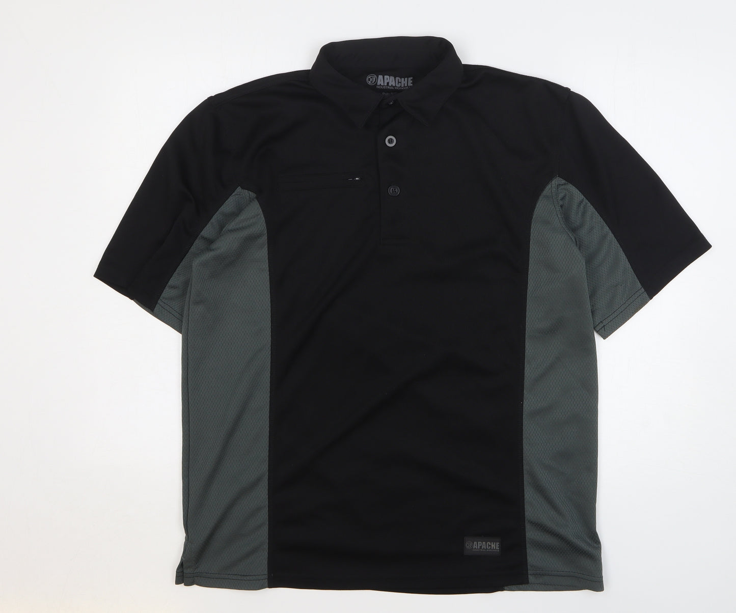 Apache Mens Black Polyester Polo Size L Collared Button