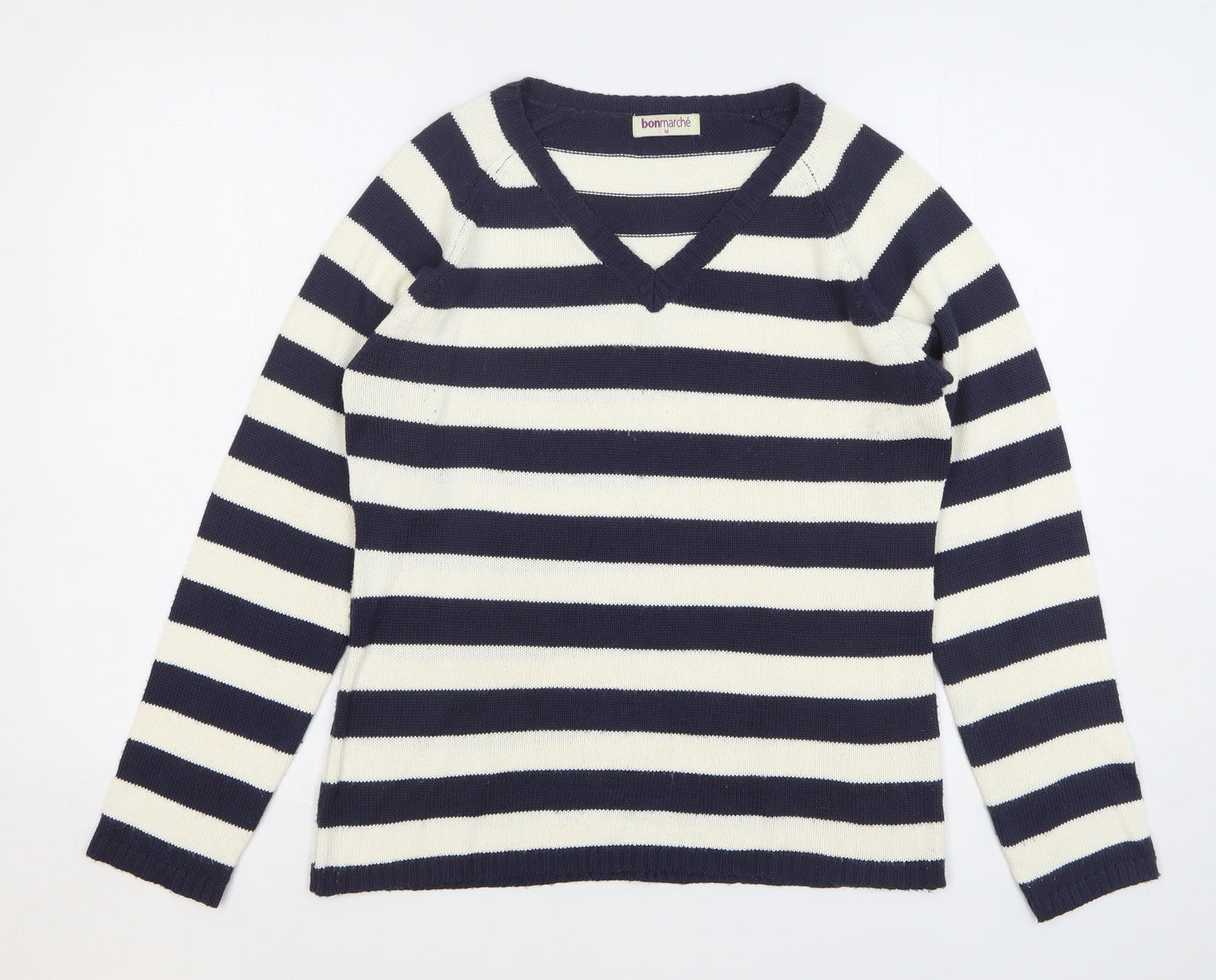 Bonmarché Womens Blue V-Neck Striped Acrylic Pullover Jumper Size M