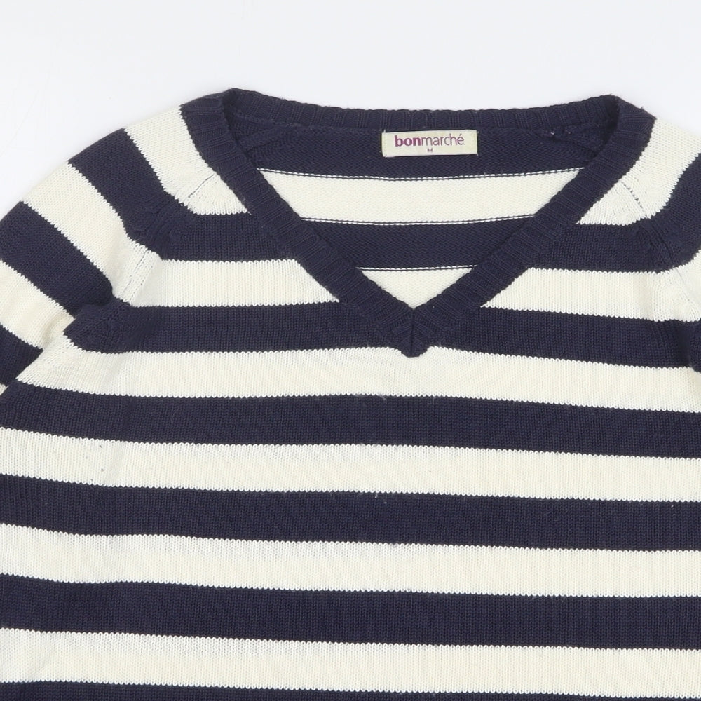 Bonmarché Womens Blue V-Neck Striped Acrylic Pullover Jumper Size M