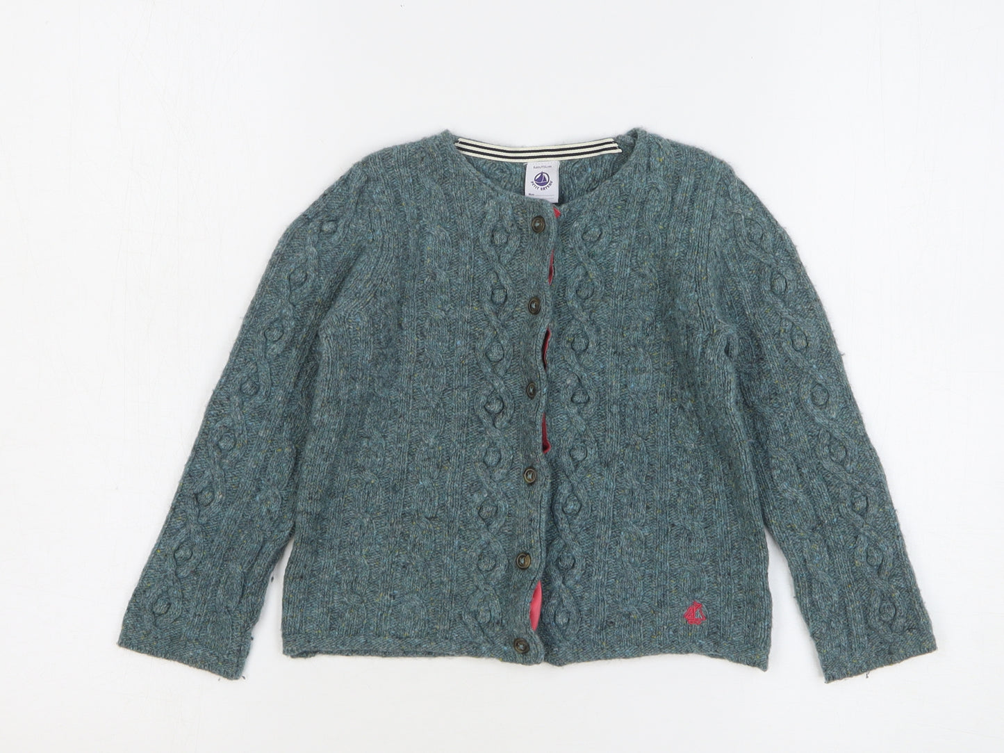 Pett Bateau Girls Green Round Neck Wood Cardigan Jumper Size 6 Years Button