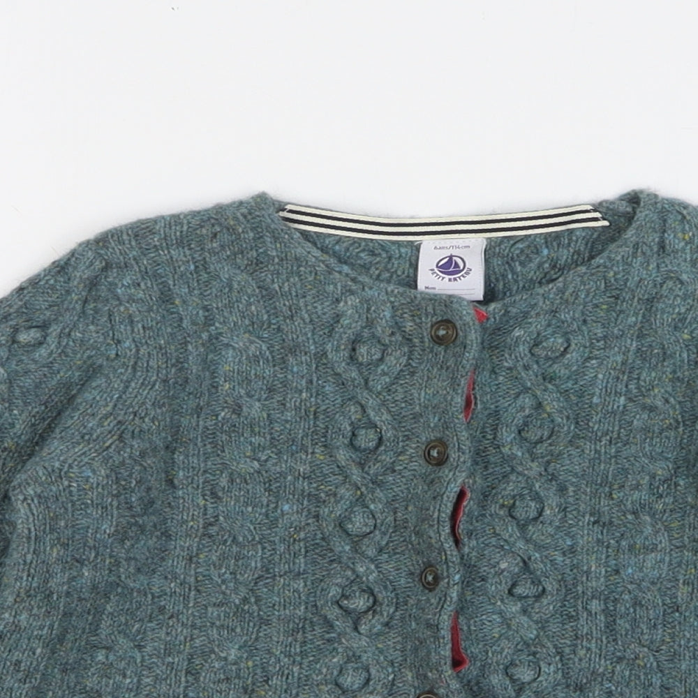Pett Bateau Girls Green Round Neck Wood Cardigan Jumper Size 6 Years Button