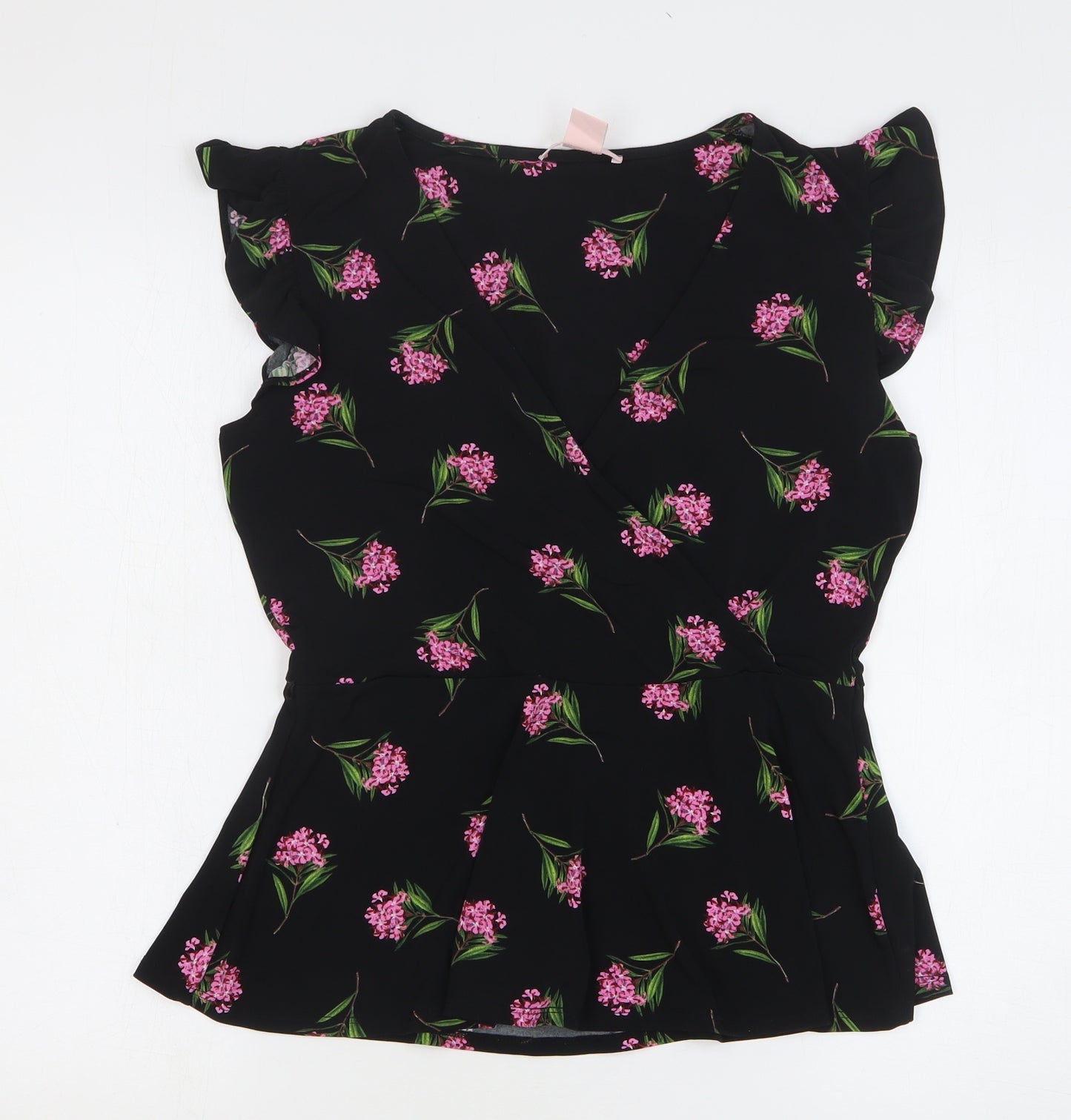 Oasis Womens Black Floral Polyester Basic Blouse Size M V-Neck