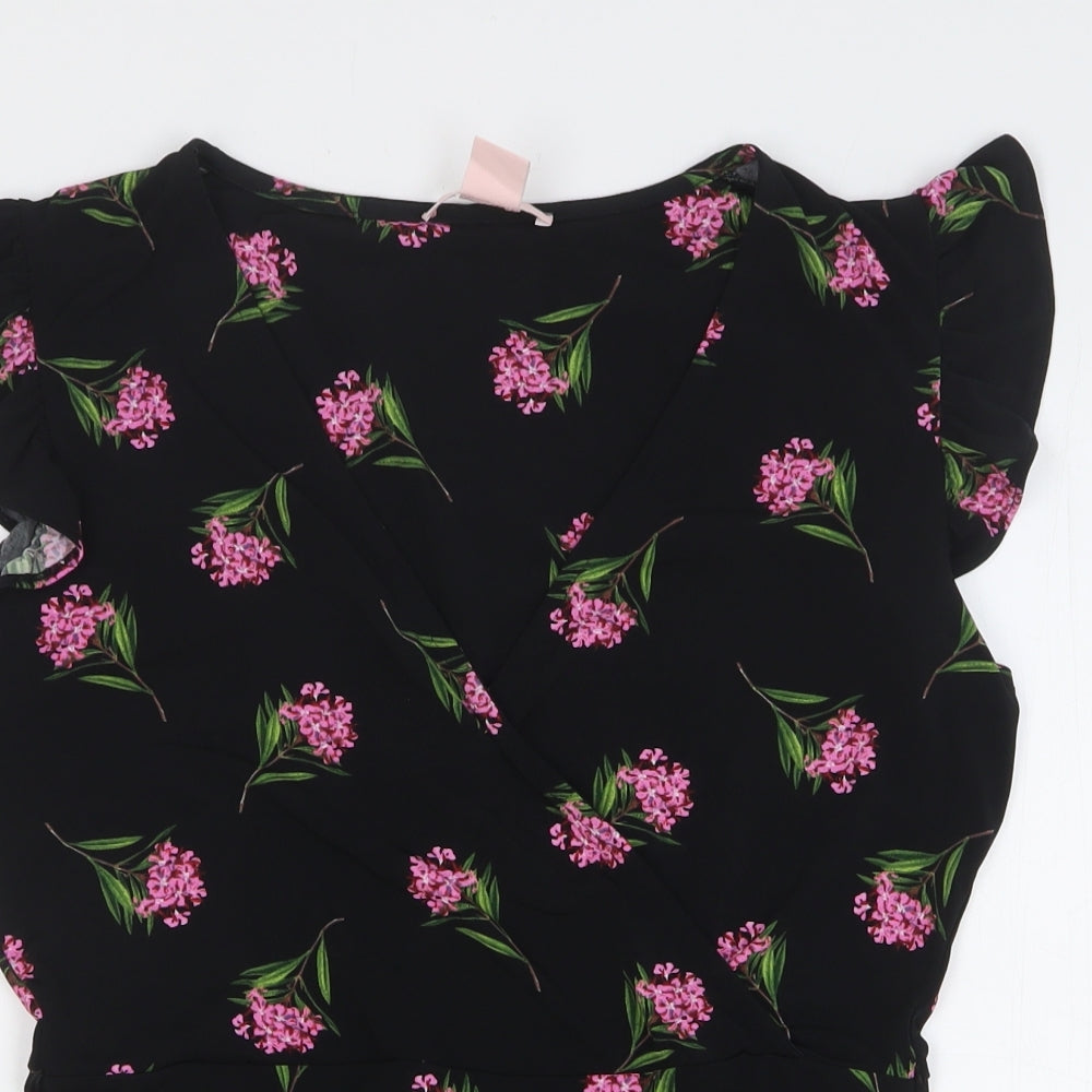 Oasis Womens Black Floral Polyester Basic Blouse Size M V-Neck