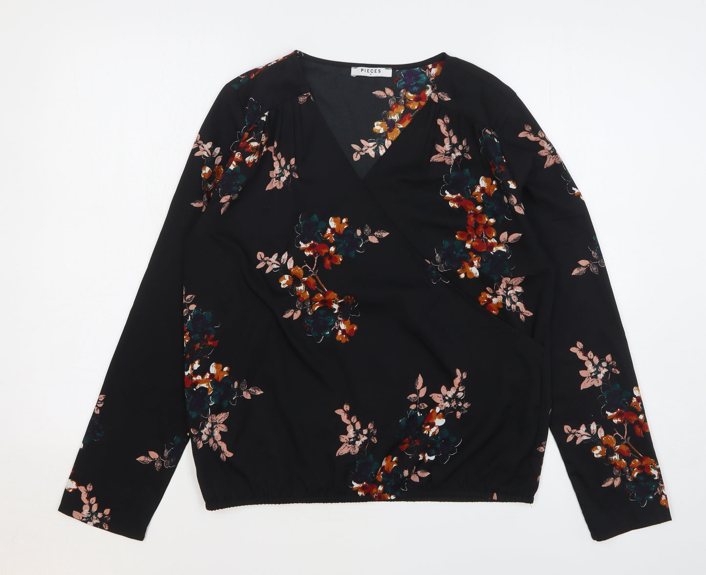 Pieces Womens Blue Floral Polyester Basic Blouse Size M V-Neck