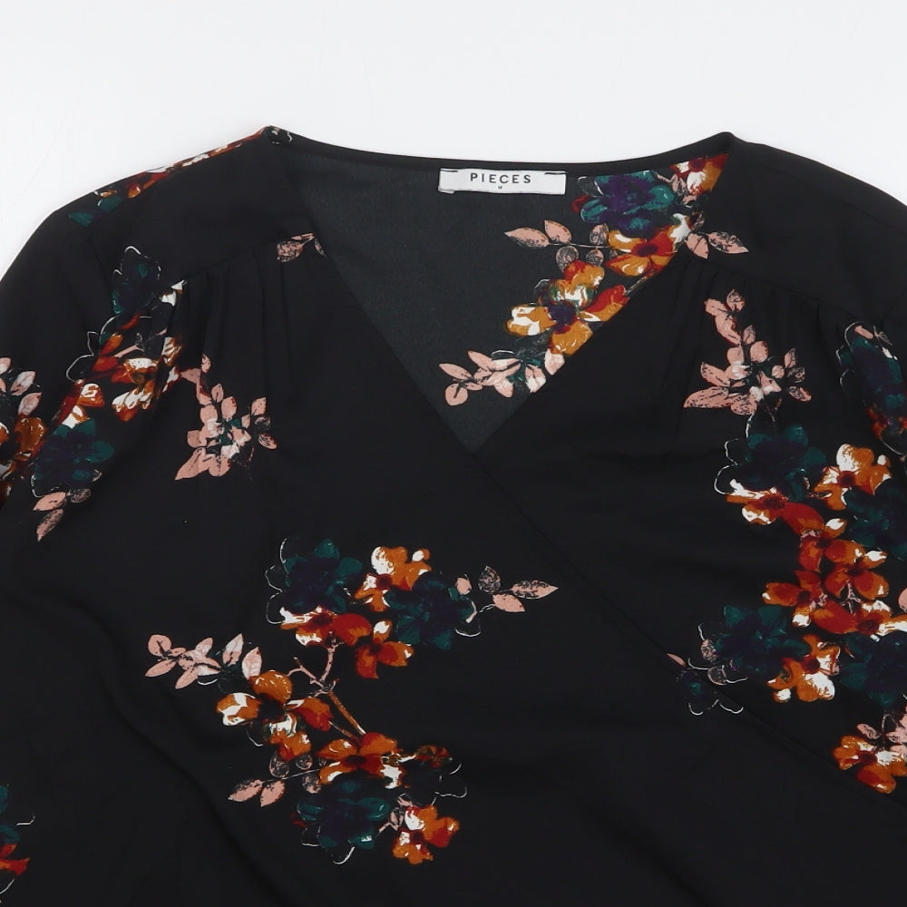 Pieces Womens Blue Floral Polyester Basic Blouse Size M V-Neck