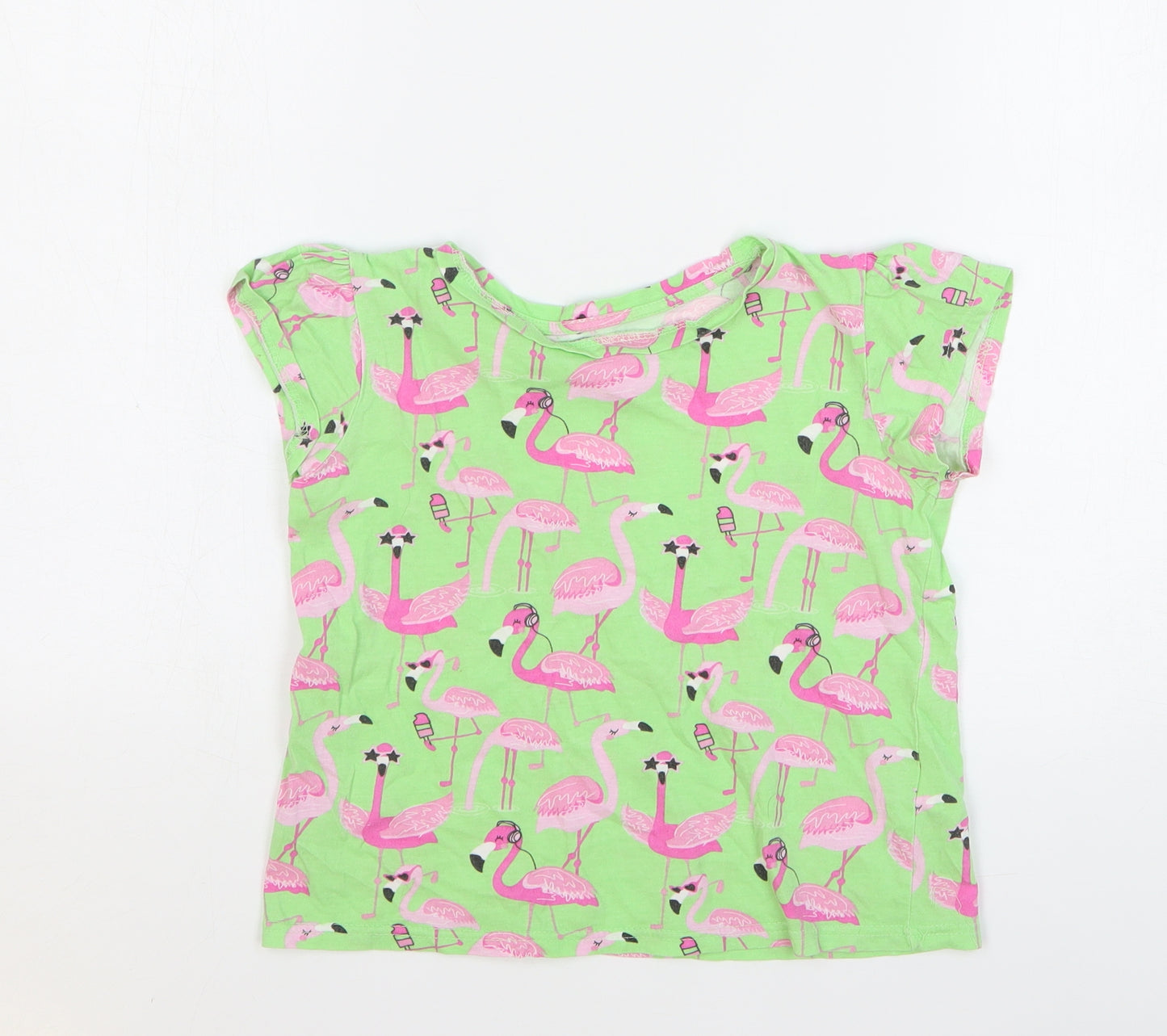 Dunnes Stores Girls Green Geometric Cotton Basic T-Shirt Size 8-9 Years Round Neck Pullover - Flamingos