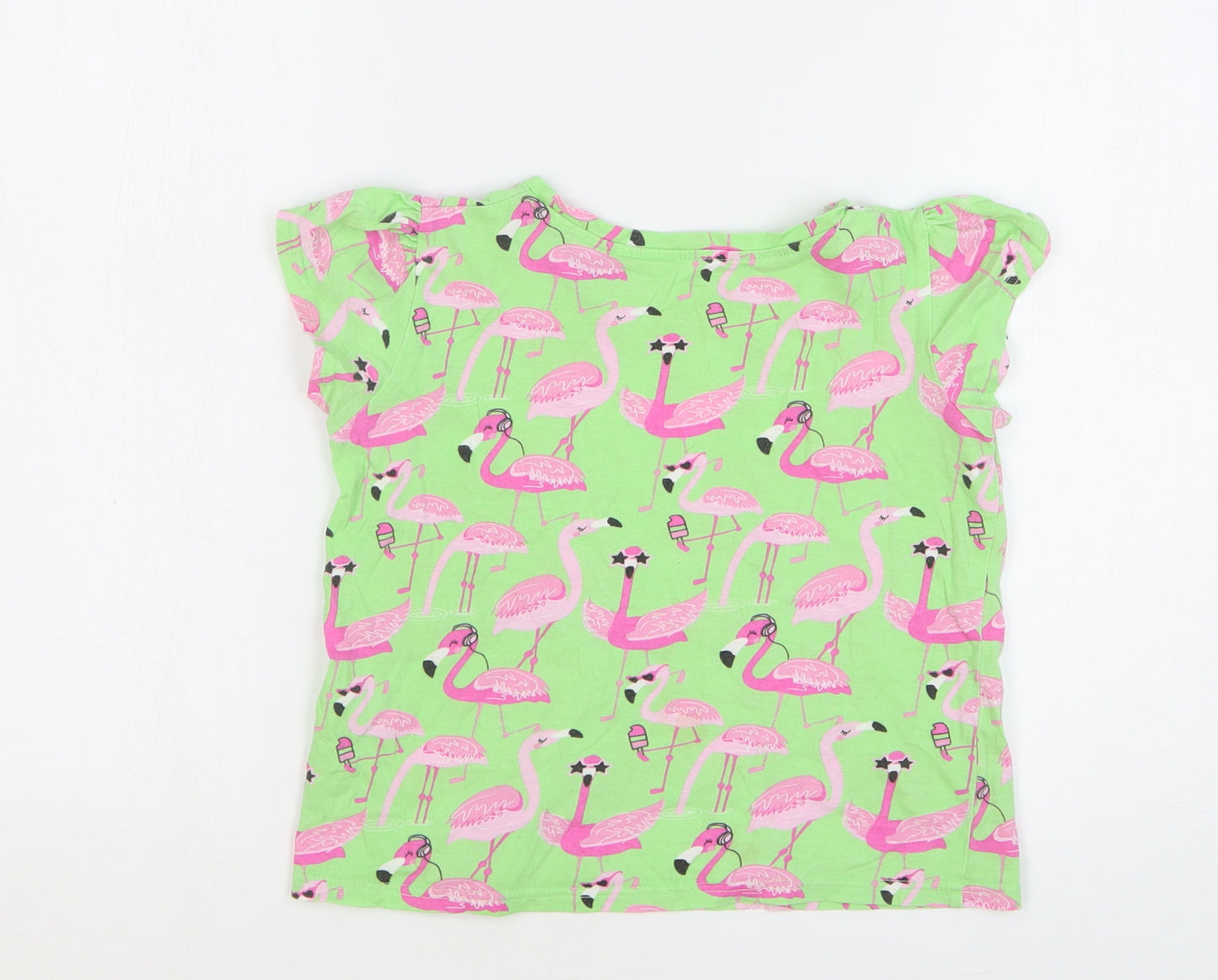 Dunnes Stores Girls Green Geometric Cotton Basic T-Shirt Size 8-9 Years Round Neck Pullover - Flamingos