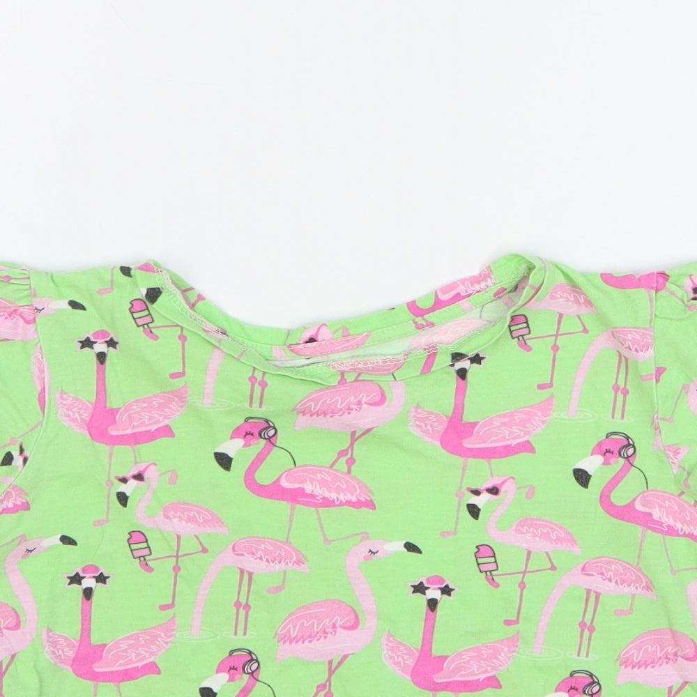 Dunnes Stores Girls Green Geometric Cotton Basic T-Shirt Size 8-9 Years Round Neck Pullover - Flamingos