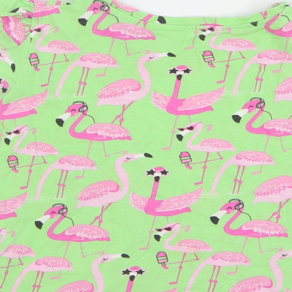 Dunnes Stores Girls Green Geometric Cotton Basic T-Shirt Size 8-9 Years Round Neck Pullover - Flamingos