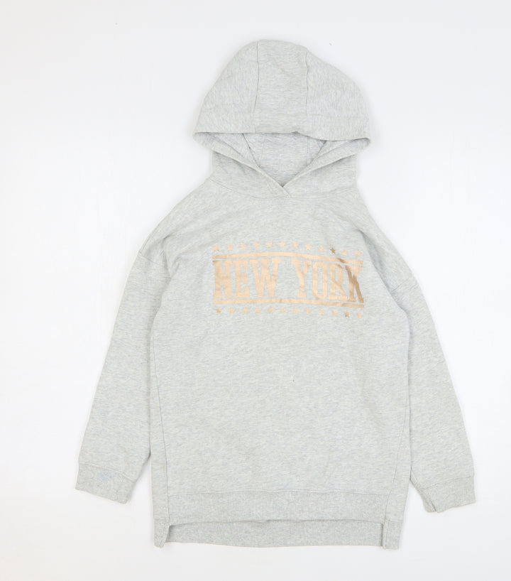NEXT Girls Grey Cotton Pullover Hoodie Size 7 Years Pullover - New York