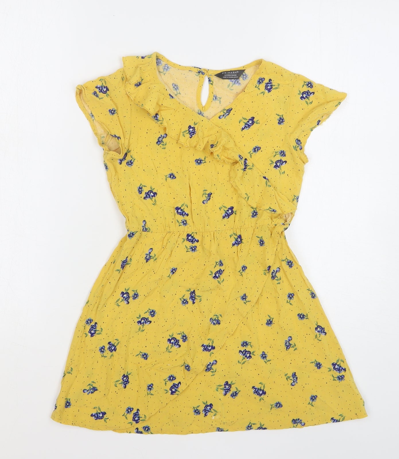 Primark Girls Yellow Floral Viscose Fit & Flare Size 8-9 Years V-Neck Pullover
