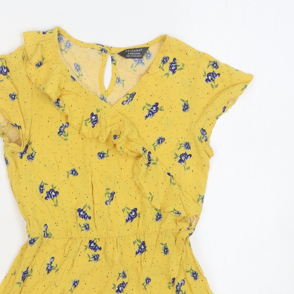 Primark Girls Yellow Floral Viscose Fit & Flare Size 8-9 Years V-Neck Pullover
