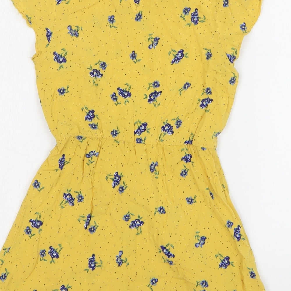 Primark Girls Yellow Floral Viscose Fit & Flare Size 8-9 Years V-Neck Pullover